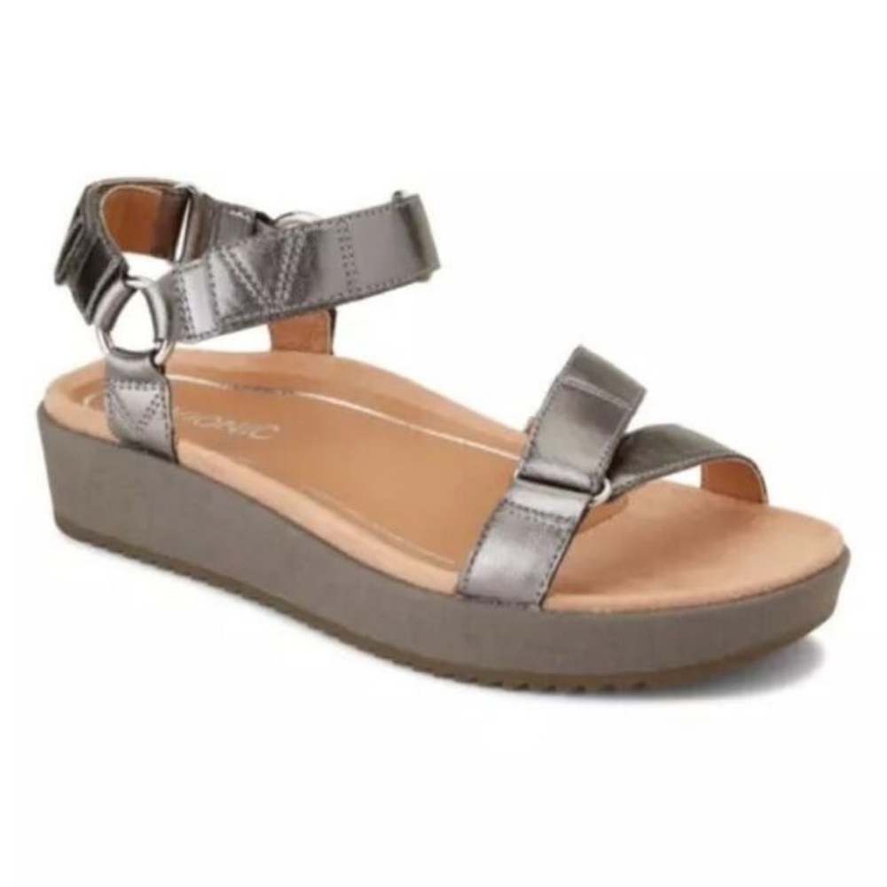 Vionic Metallic Pewter Ankle-Strap Wedge Sandals